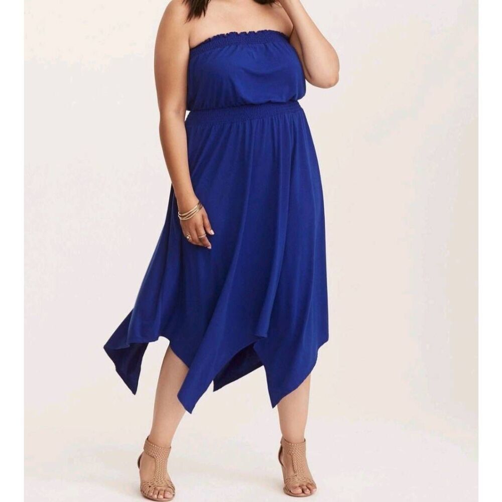 Torrid Cobalt Blue Smocked Jersey Tube Dress Plus 2XL Scarf Hem Boho Festival